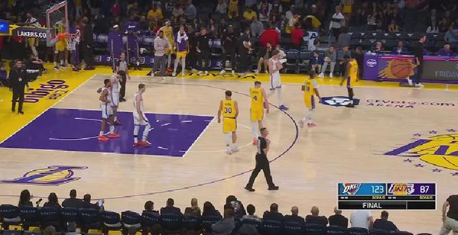 湖人三巨头伤退对阵雷霆惨败，雷霆全员披挂狂